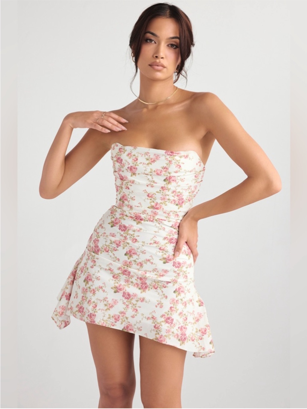 House Of Cb Jasmine Strapless Satin Corset Dress In Rose Print New With Tags!